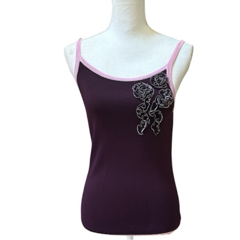 Women’s Vtg Y2K 90’s Burgundy Purple Floral Appliqués Ribbed Camisole Tank Top L